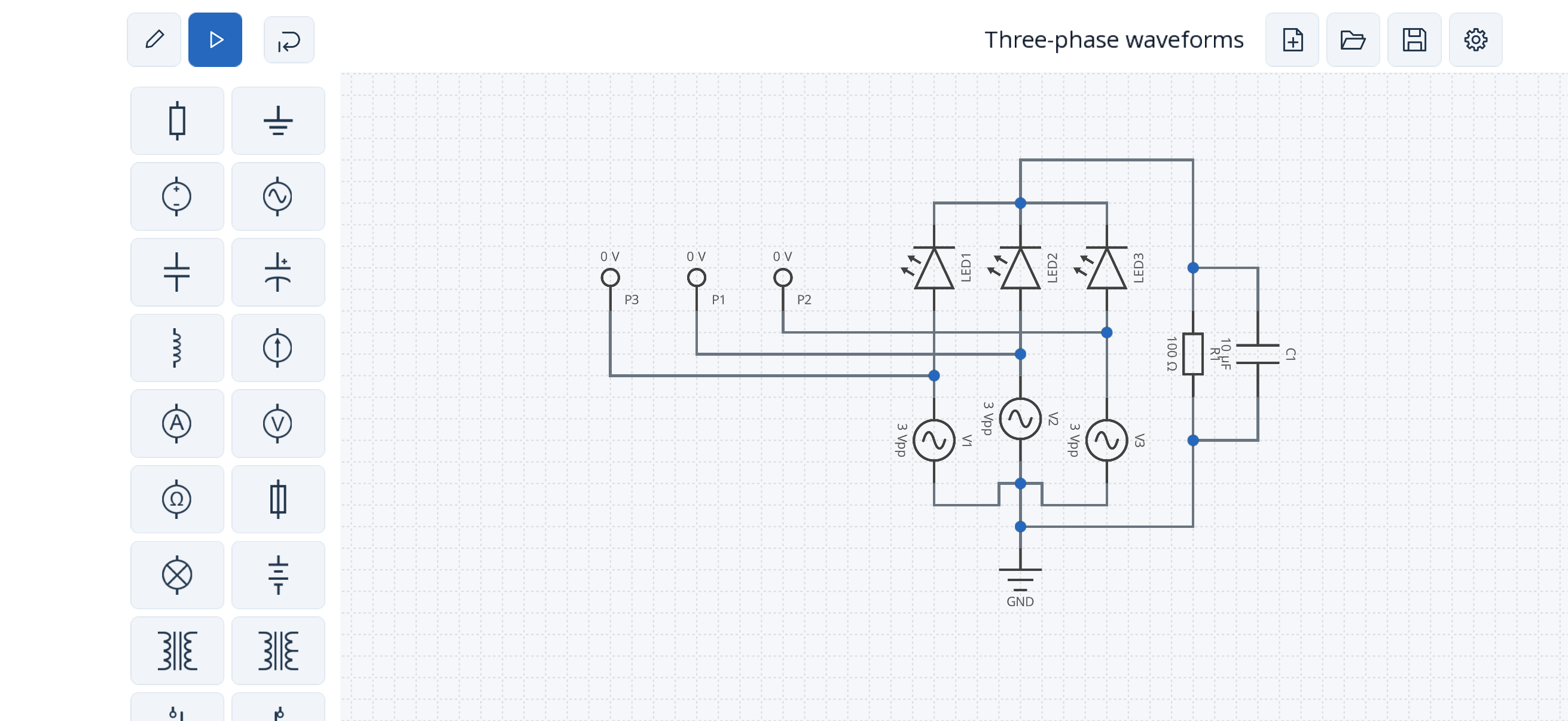 Simulatic on iPhone showing a circuit with three AC sources, three LEDs and voltage probes